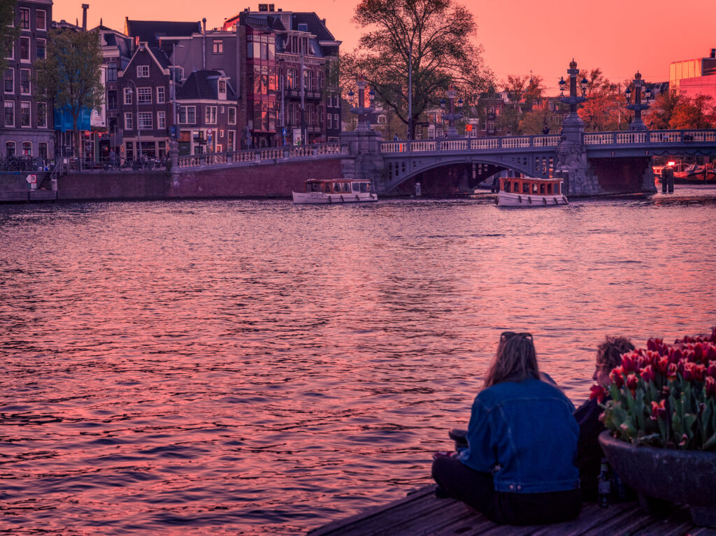 Spring, Netherlands, Amsterdam, Evening, Canal, Tulips