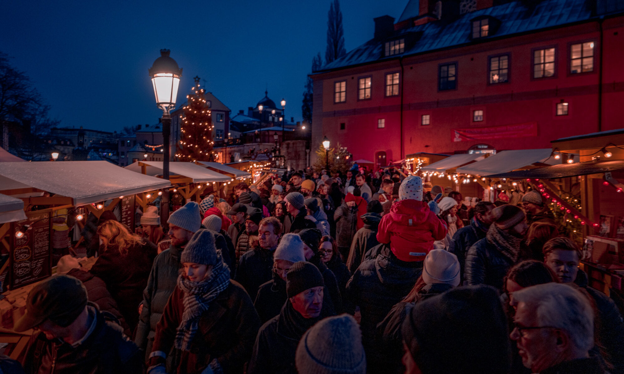 Christmas Market in Sweden - Christmas Tree Market Stalls Cosy Crowd - Uppsala Historiska Julmarknad