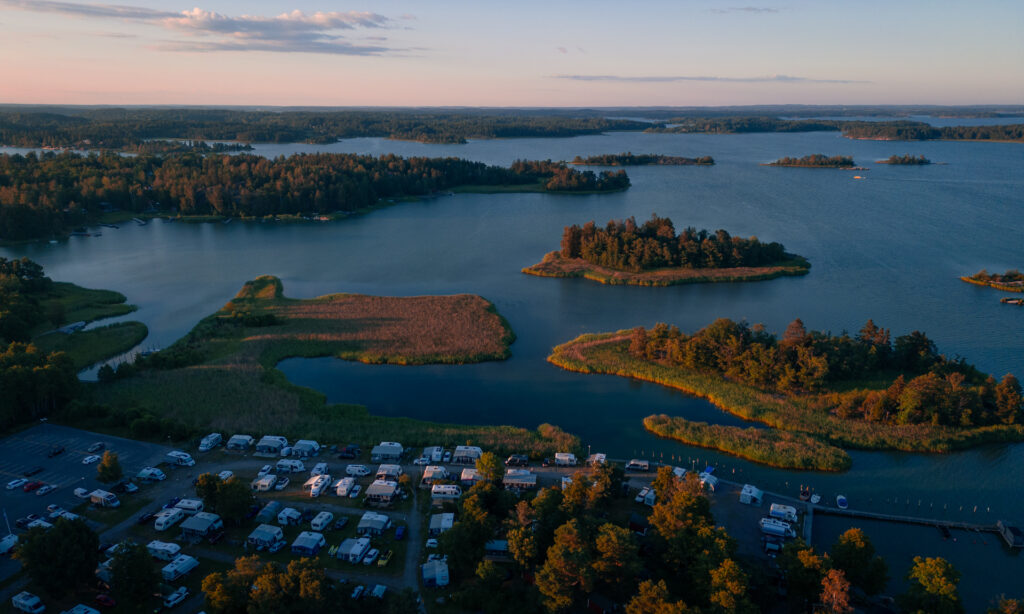 Trosa-Havsbad-Camping-Sunset-Drone-Shot-Archipelago
