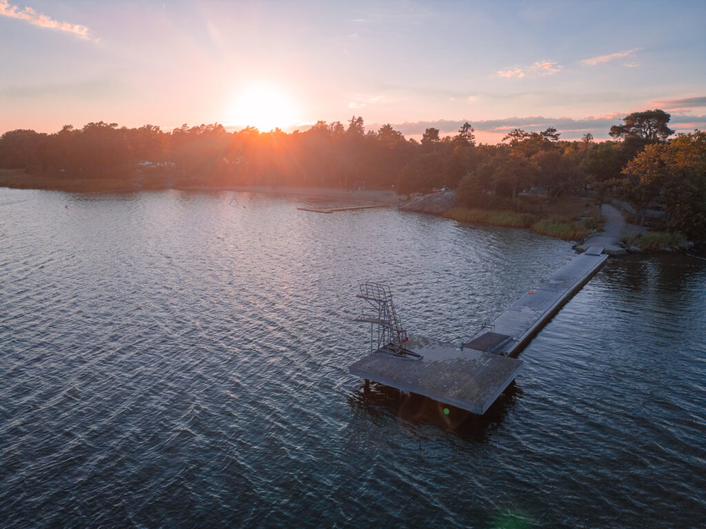 Trosa-Havsbad-Camping-Sunset-Drone-Shot-beach-and-Jumping-Tower