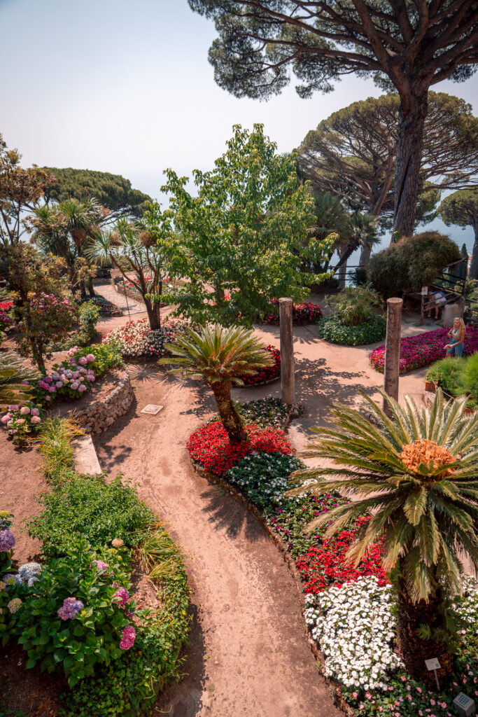 Amalfi-Coast-Italy-Trip-Ravello-Villa-Rufolo-garden-flowers-tree-path