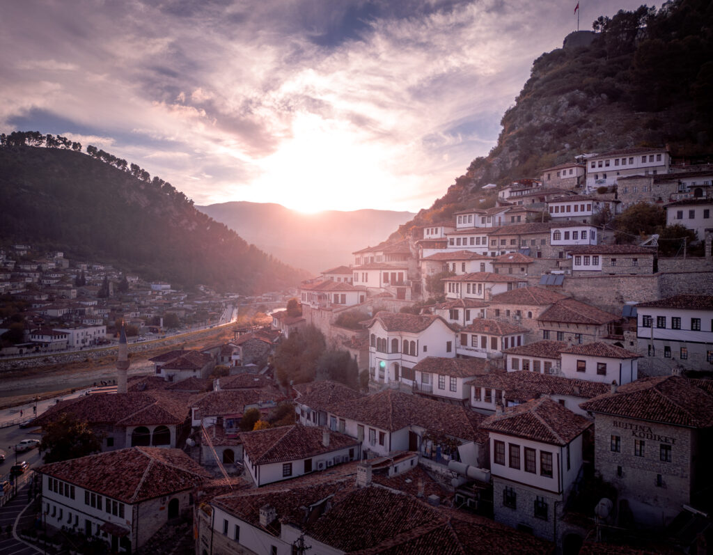 Berat Skyline Sunset Albania Drone Shot