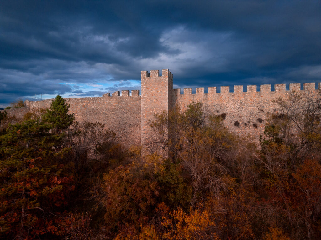 Autumn Wall and Tower at Samuel's Fortress - Drone Travel Photography Shot - Ohrid North Macedonia