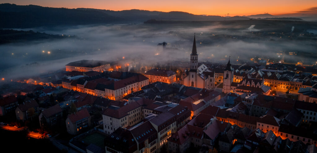 Foggy Sunrise Levoča Slovakia Drone Shot from Travel Photography Road Trip