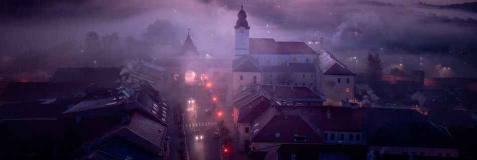 Foggy Sunrise Levoča Slovakia Drone Shot from Travel Photography Road Trip