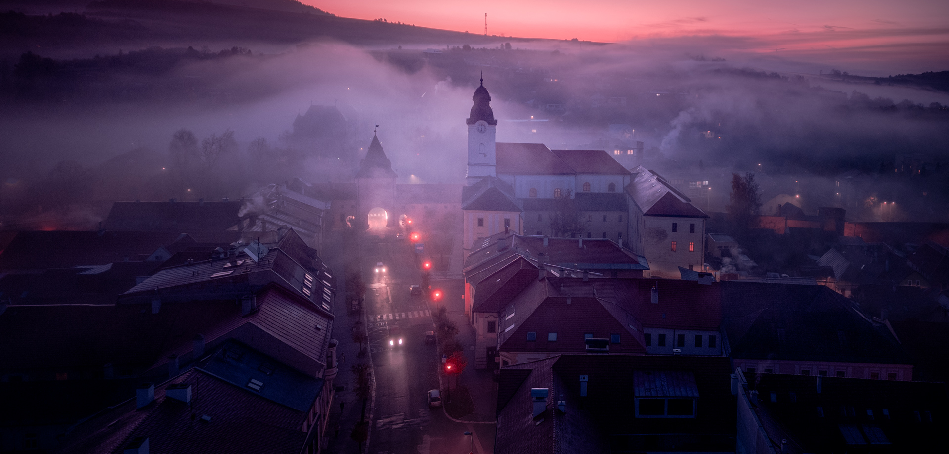 Foggy Sunrise Levoča Slovakia Drone Shot from Travel Photography Road Trip