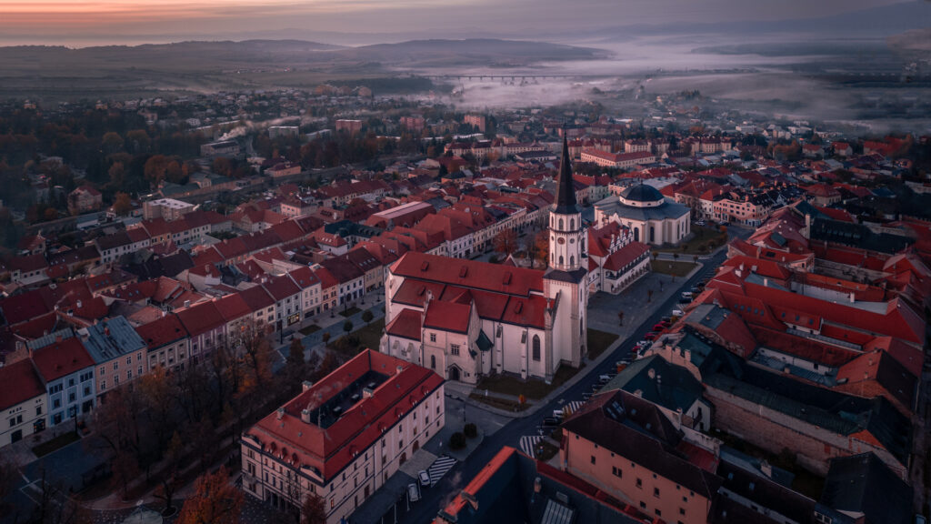 Foggy Sunrise Levoča Slovakia Drone Shot from Travel Photography Road Trip