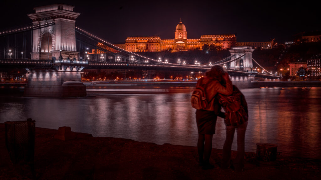 Széchenyi Chain Bridge Danube Reflection at Night - Friends Hug
