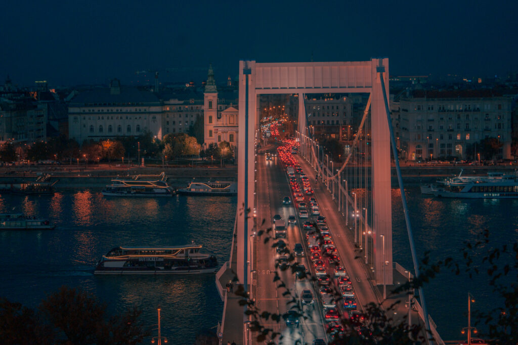 Gellert Hill View of Erzsébet Bridge - Night Traffic