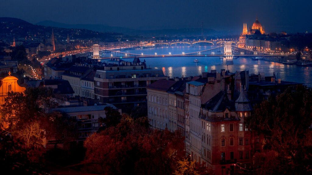 Gellert Hill Citadella Blue Hour View of Chain Bridge and Parliament Building