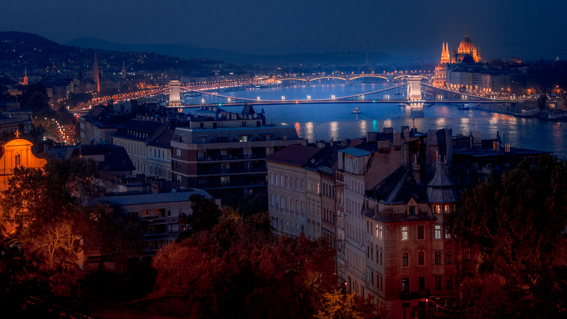 Gellert Hill Citadella Blue Hour View of Chain Bridge and Parliament Building