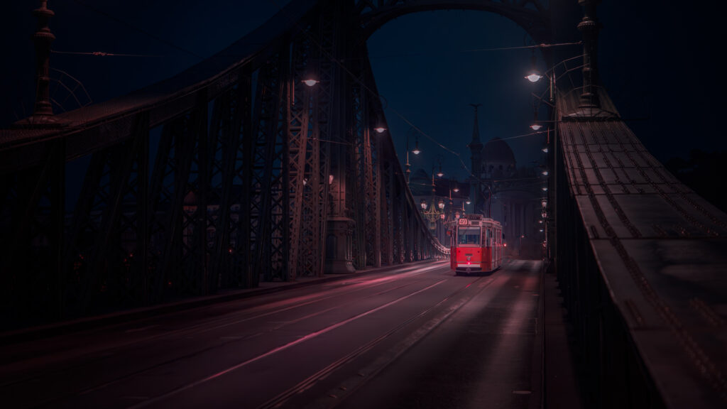 Budapest Tram on LIberty Bridge at Night
