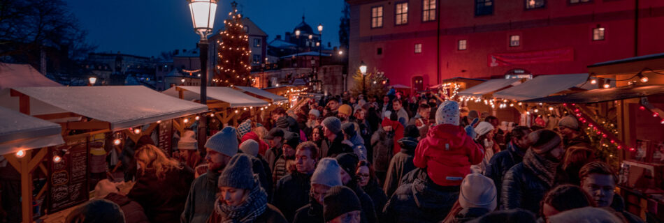 Christmas Market in Sweden - Christmas Tree Market Stalls Cosy Crowd - Uppsala Historiska Julmarknad