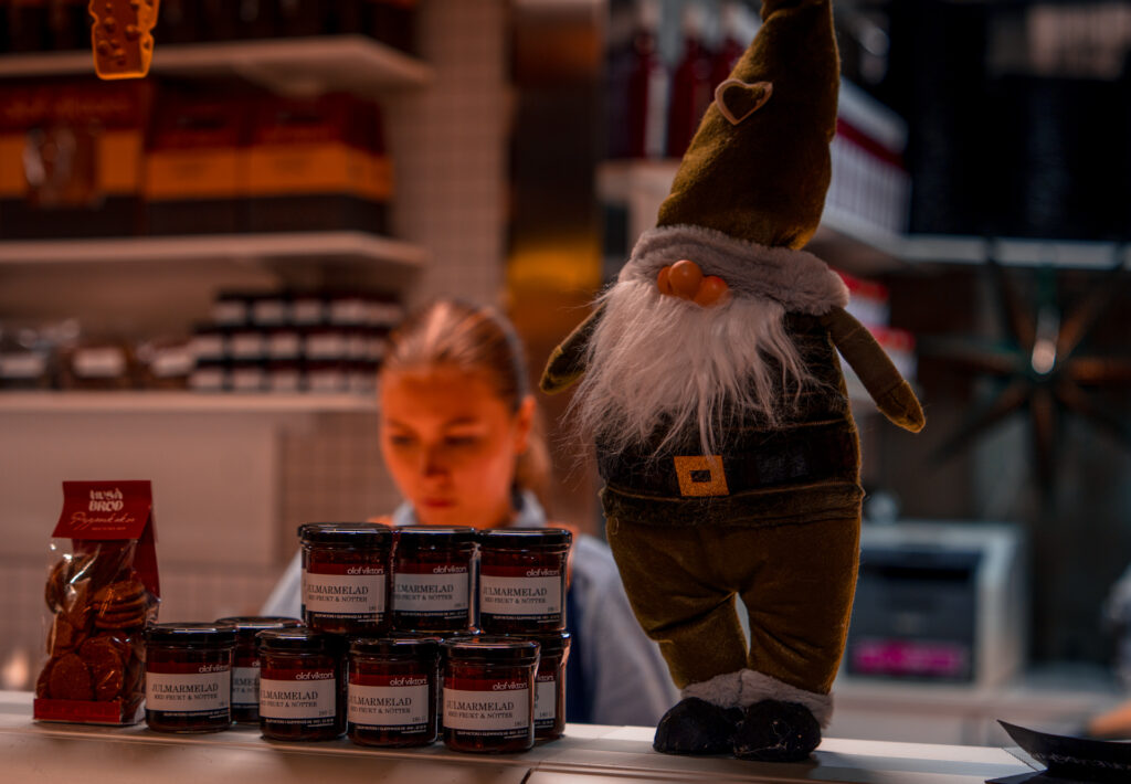 Christmas Market in Sweden - Santa and Goods in Market Stall - Uppsala Historiska Julmarknad