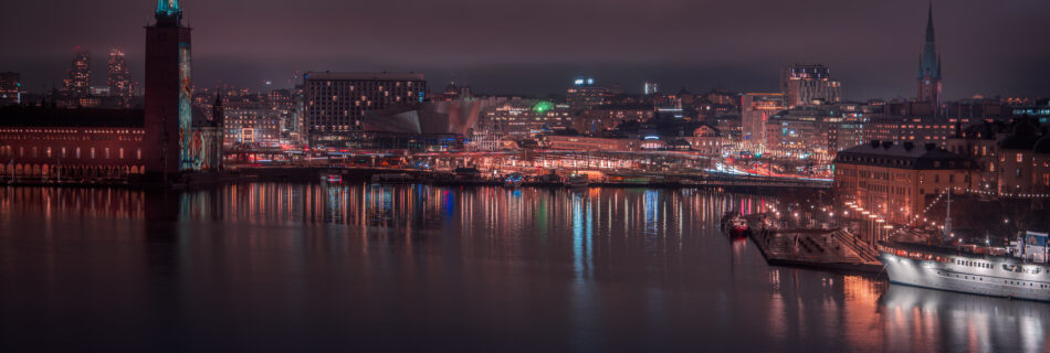 Stockholms Stadshus in Nobel Week Lights from Monteliusvägen Stockholm Sweden