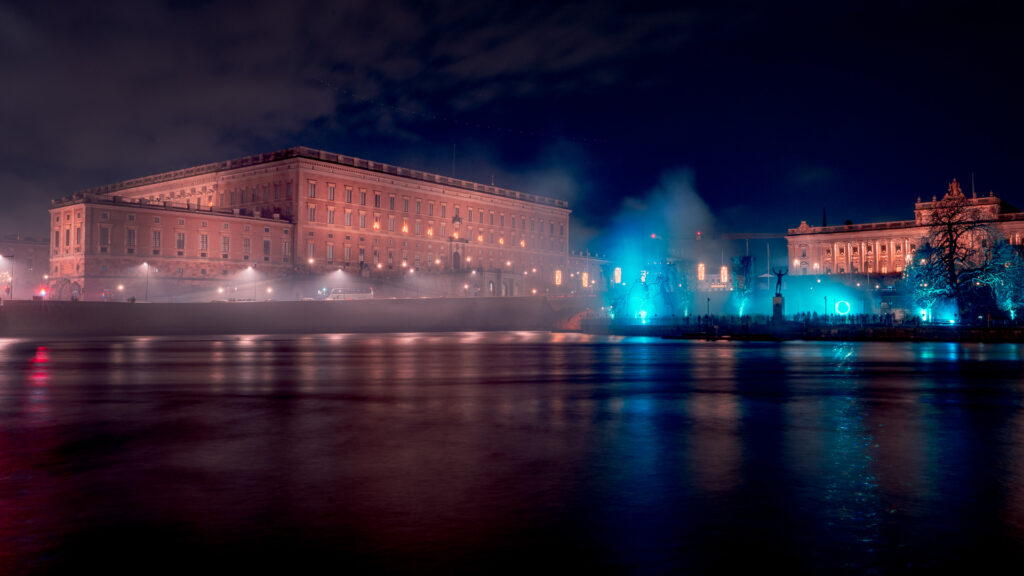 Nobel Week Lights 2025 Stockholm - Divine Geometry - Royal Castle and Blue Fog