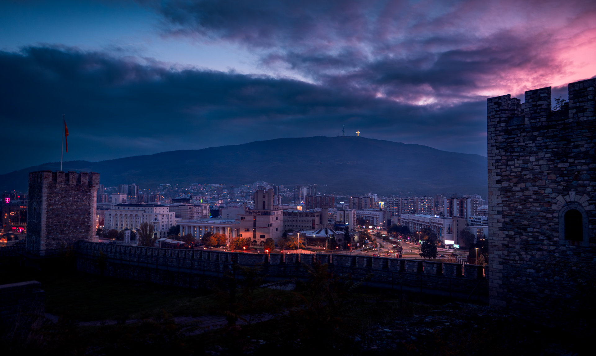 Skopje Fortress Kale Skyline Sunset View North Macedonia