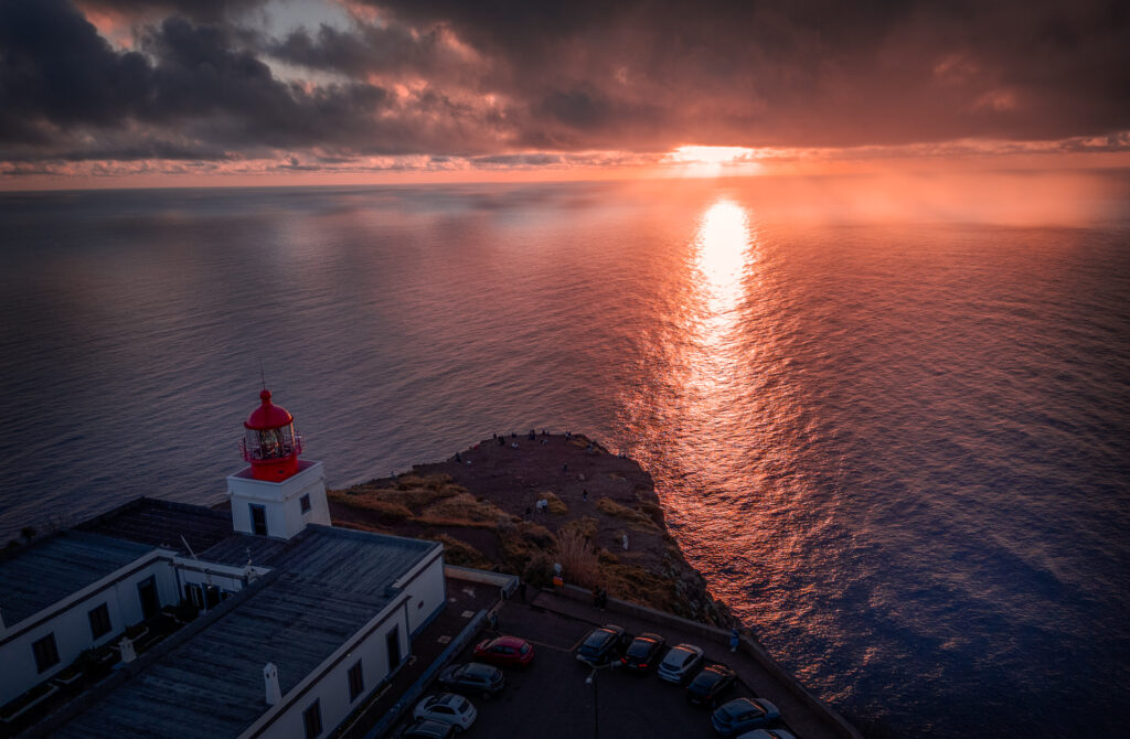 Miradouro Farol Da Ponta Do Pargo Viewpoint Sunset - LIghthous and Parking at Sunset - Drone Shot