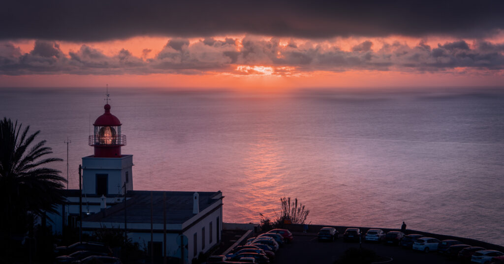 Miradouro Farol Da Ponta Do Pargo Viewpoint Sunset - Lighthouse at Magical Sunset - Drone Shot