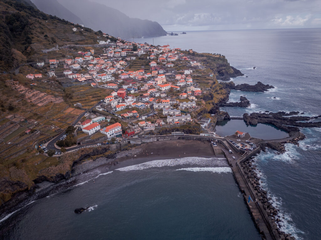 Praia do Seixal near Porto Moniz Madeira Portugal - Beach Pier and Town