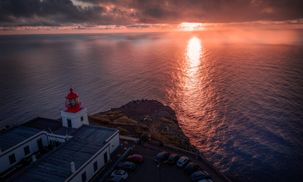 Miradouro Farol Da Ponta Do Pargo Viewpoint Sunset - LIghthous and Parking at Sunset - Drone Shot