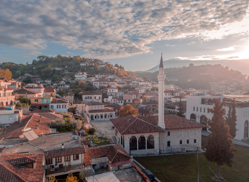Bachelors Mosque  Sunrise at Berat City in Albania - Drone Shot - Balkan Photography Roadtrip
