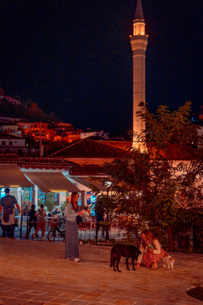 Bachelors Mosque at Night with Girls cat and dog - Berat City in Albania - Balkan Photography Roadtrip