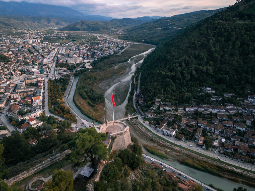 Berat Viewing Castle - Berat City in Albania - Drone Shot - Balkan Photography Roadtrip