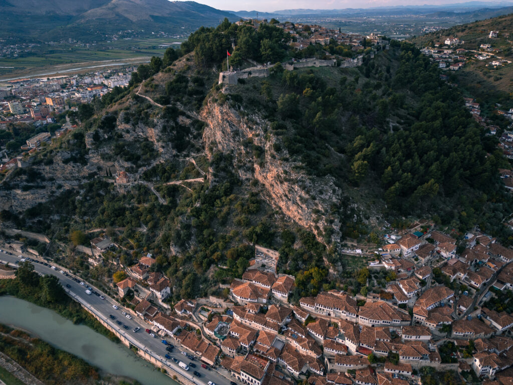 Berat Viewing Castle on top of a Hill at Berat City in Albania - Drone Shot - Balkan Photography Roadtrip
