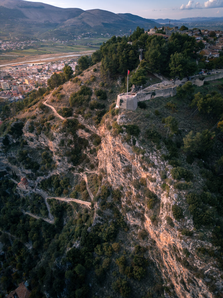 Berat Viewing Castle with Mountains in the Background - Berat City in Albania - Drone Shot - Balkan Photography Roadtrip