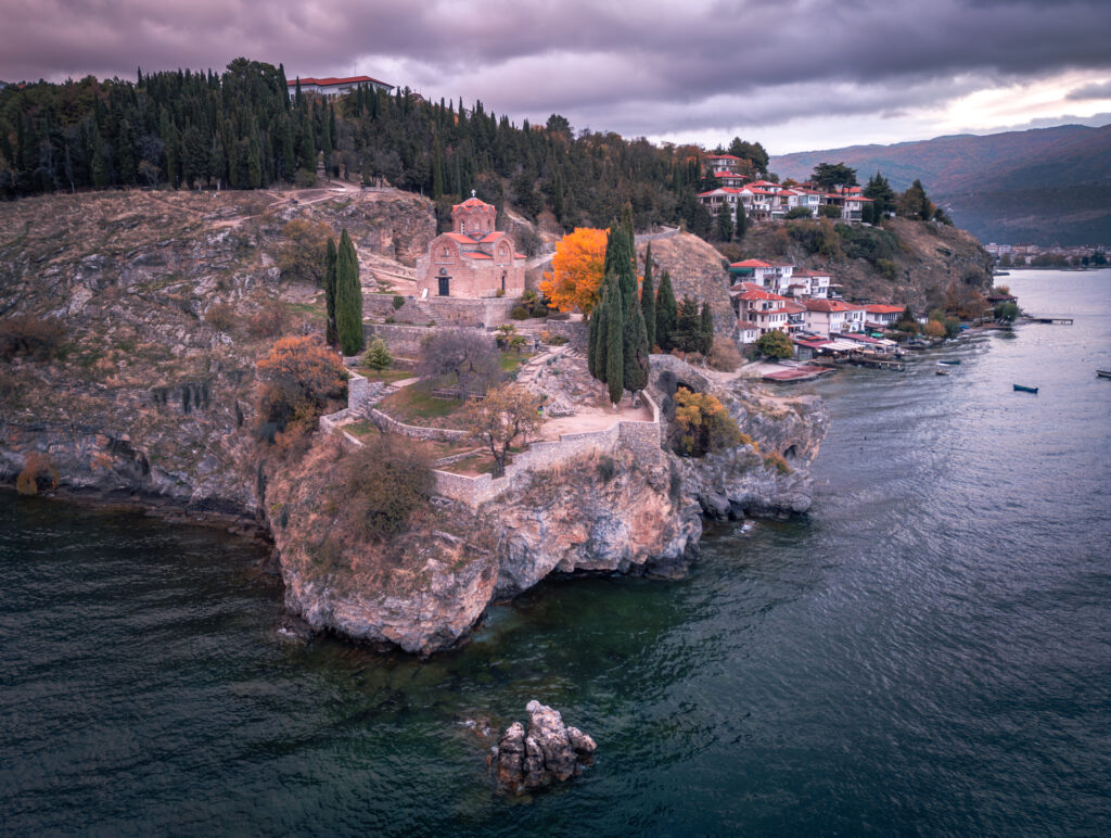 Cloudy at St. John at Kaneo Church - - Drone Shot from Lake Ohrid - Ohrid Old Town - North Macedonia - Balkan Photography Roadtrip