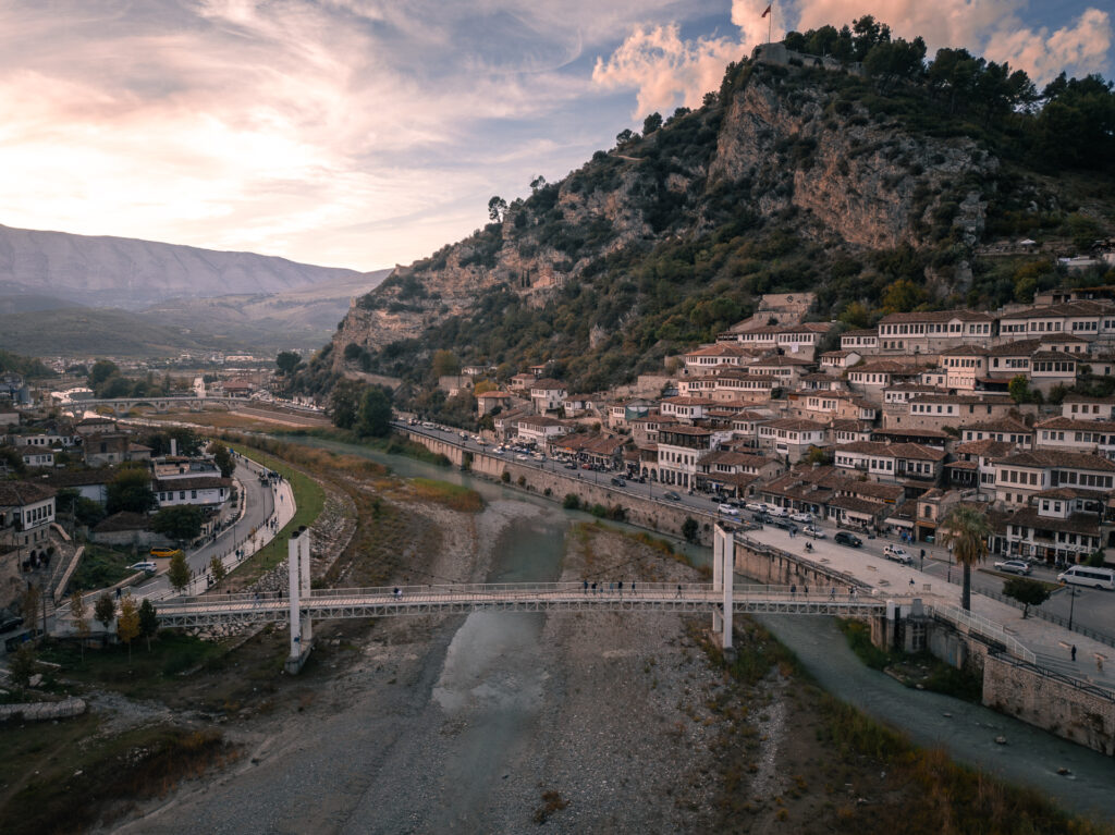 Gorica Bridge Sunrise at Berat City in Albania - Drone Shot - Balkan Photography Roadtrip