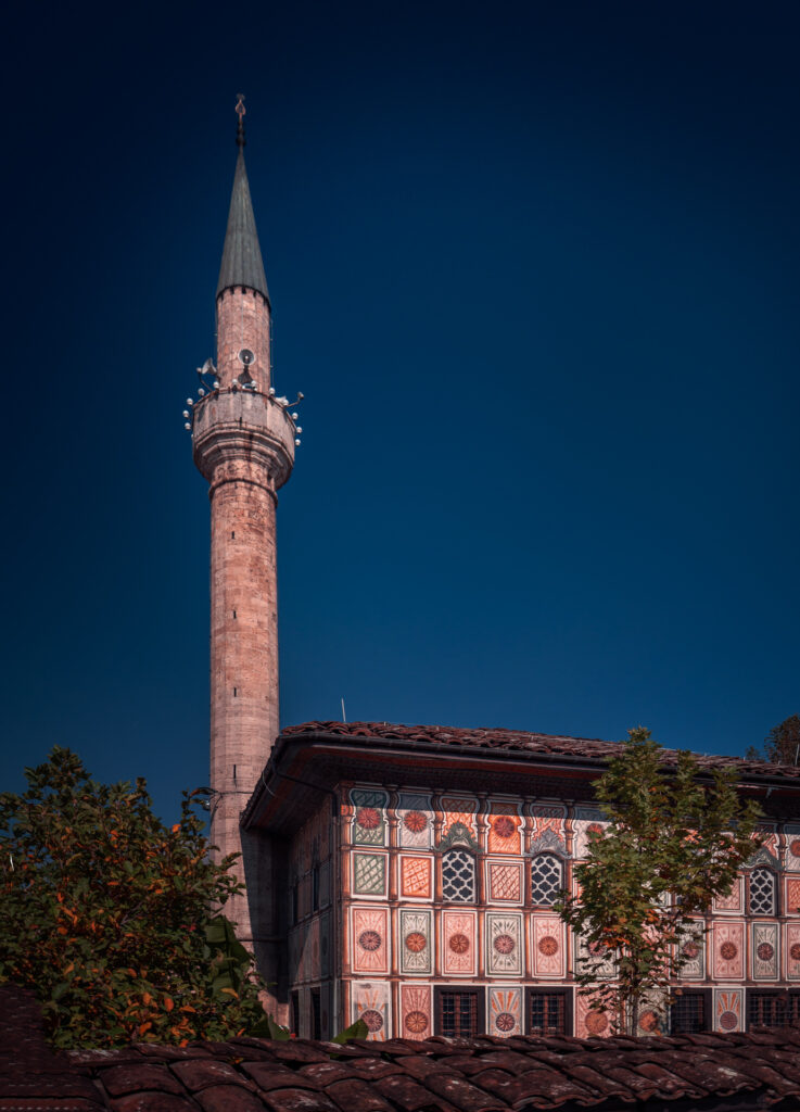 Minaret at Colorful Mosque Facade and Garden - Tetovo North Macedonia - Photography Road Trip in the Balkans